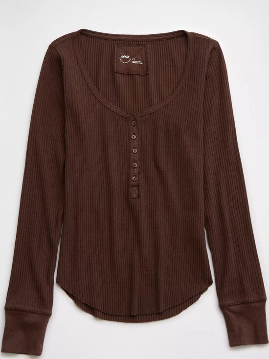 Aerie Women’s Ribbed Henley Layering T-Shirt Canyon Sun Brown Extra Large XL - Picture 2 of 16